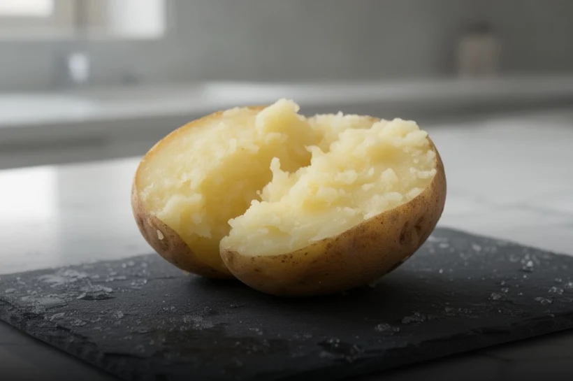 Close-up of a cooked potato split open on a dark slate board with salt crystals, set against a blurred marble kitchen background